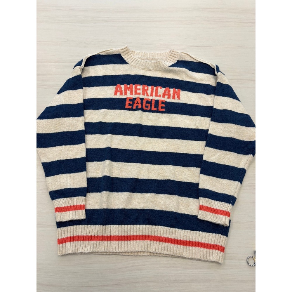 American Eagle Sweater Womens XL Blue White Striped Knit Crew Neck Logo
